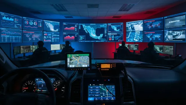 Sala de un centro de comando C3 con monitores de videovigilancia